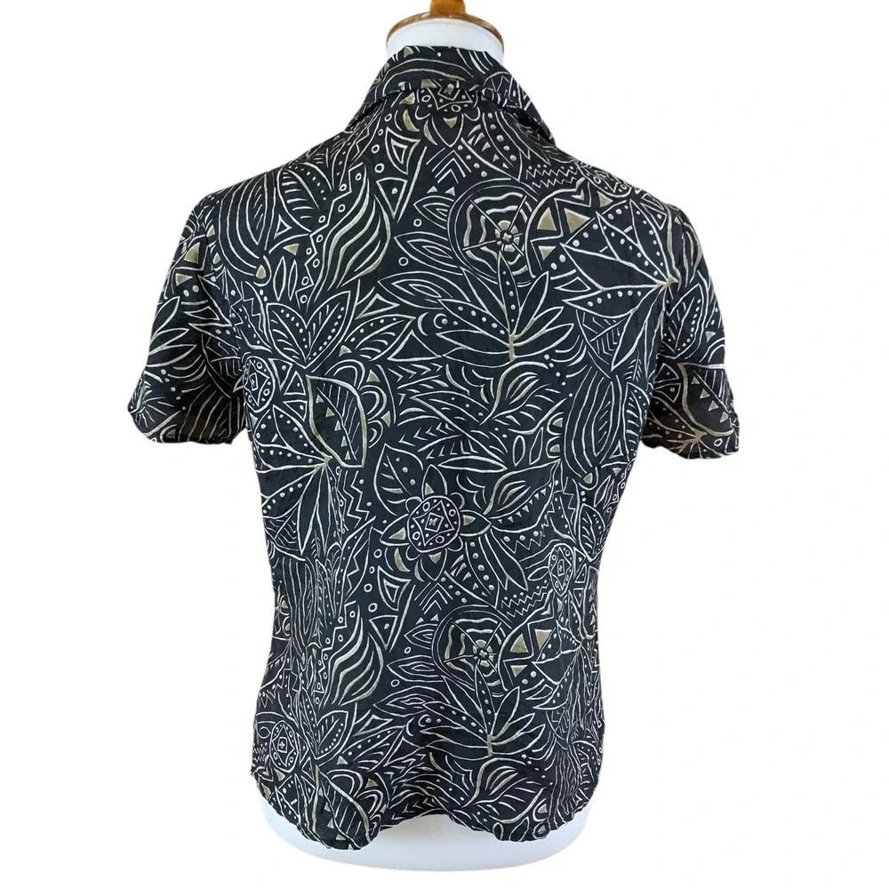 Anna And Frank 100% Silk Button Front Blouse Small Black‎ Abstract Boho Top